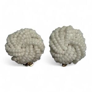Vintage White Beaded Cluster Clip-On Earrings – 0.75 Inch Button Style